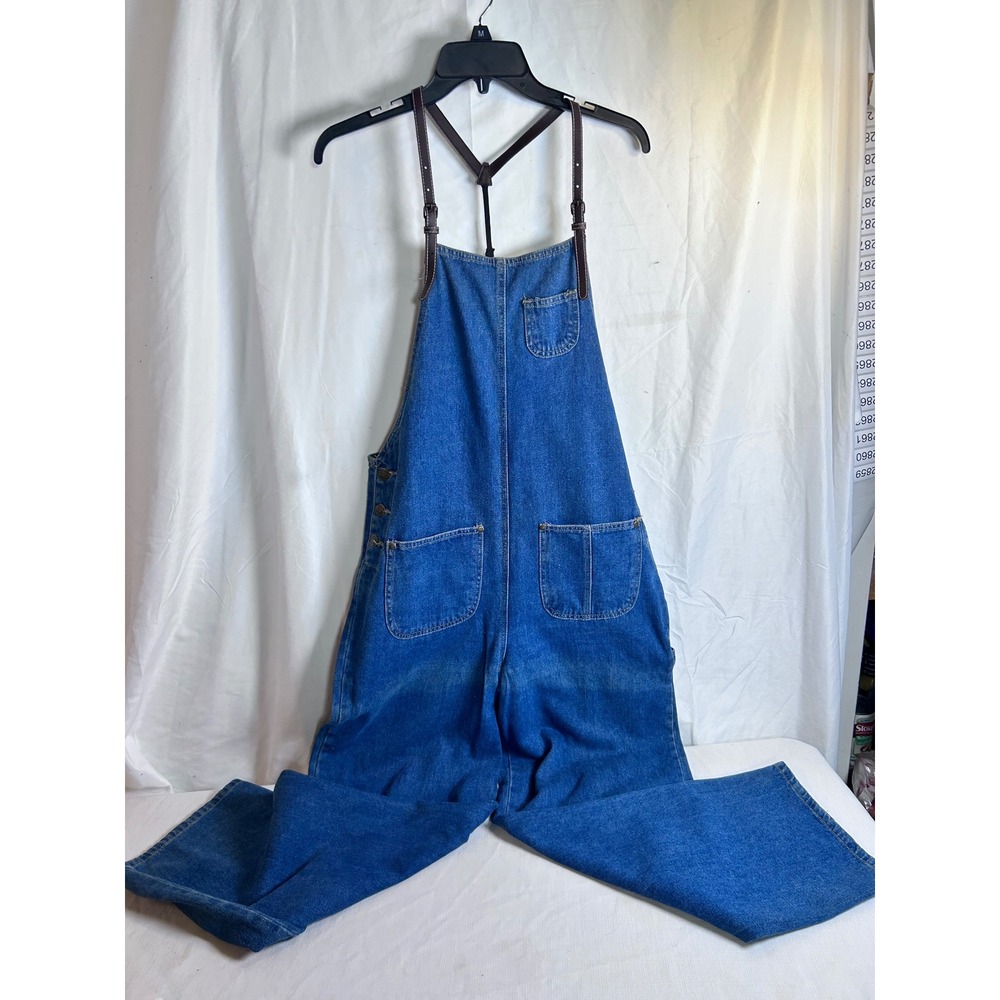 Baccini Denim Overalls Size M Blue Faux Leather Strap Utility Workwear Womens